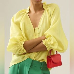 Anthropologie Maeve The Audie Linen Puff-Sleeve Blouse Retail: $110